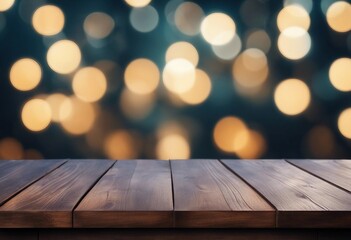 Empty wooden table over bokeh lights background product display montage High quality photo