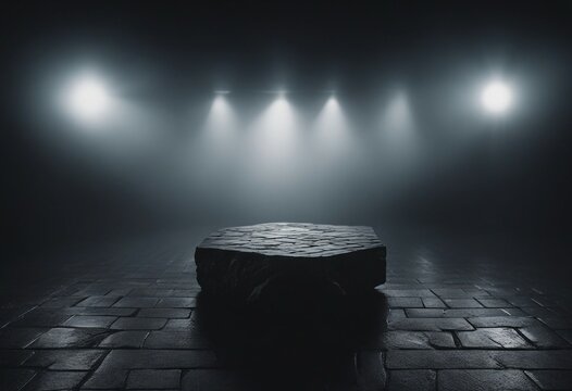 Empty black stone floor in the dark with fog background High quality photo