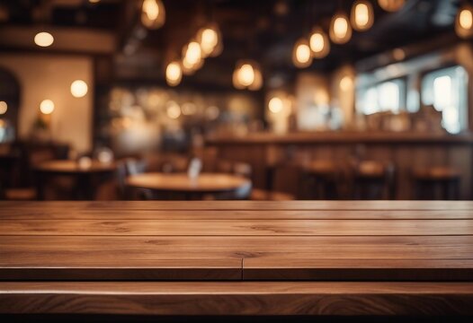 Empty wood table top of round on blur restaurant background product display montage