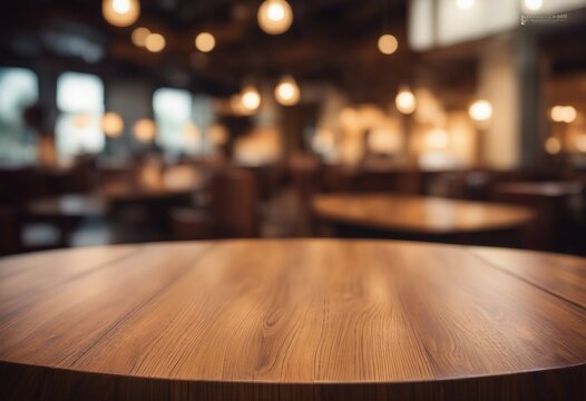 Empty wood table top of round on blur restaurant background product display montage