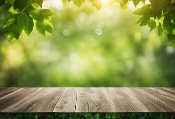 Naklejka na ściany i meble Wood table top on blur green nature bokeh background Can be used for display or montage your product
