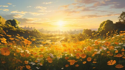 A sunlit meadow adorned with cheerful marigold blossoms, radiating warmth and joy.