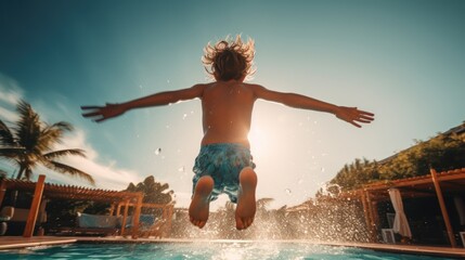 Boy jumping into swimming pool on sunny day. - obrazy, fototapety, plakaty
