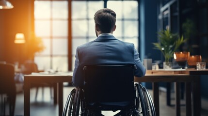 physically challenged man is occupying a wheelchair at the office desk.
