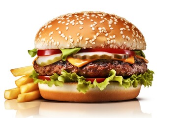 Delicious fresh tasty burger and french fries on wooden table