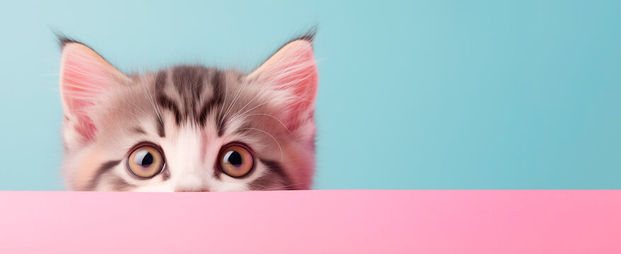 Cute Gray Kitten Peeking Out On Pastel Light Background. Side View, Banner, Space For Text.