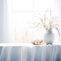 white vase with flowering branches on a table with a tablecloth and eggs in a basket. gentle Easter background in white colors