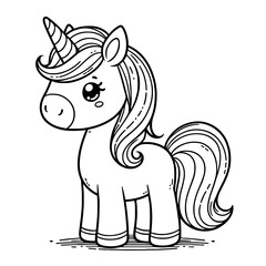 Unicorn pony with a horn and long mane, fantasy theme, coloring book page, coloring book, outline, SVG vector art, isolated on a white background