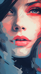 Portrait of beautiful girl with red lips and blue eyes. Vector illustration.