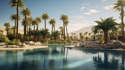 A tranquil desert oasis reflecting the surrounding palm trees in its pool.