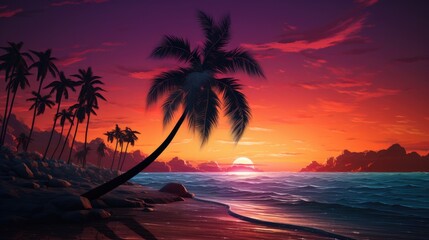 Incredibly beautiful sunset on the sea with palm trees