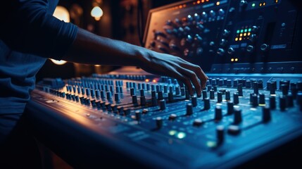 In a sound recording studio, a skilled sound engineer is operating the mixing desk. - obrazy, fototapety, plakaty