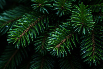 Branches of evergreen fir trees. Christmas background. Winter, holidays, nature, snow, copy space.