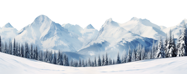 Winter scene with snow-covered mountain tops, cut out