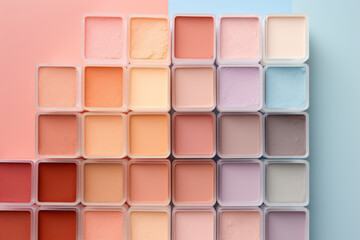 Colorful eye shadows on a light pastel background. Makeup and beauty products in candy pastel colors.