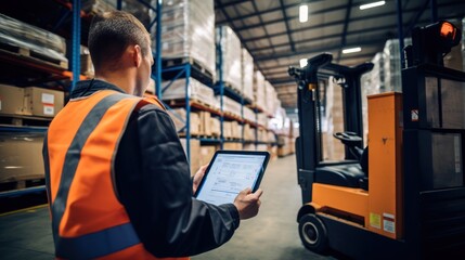 worker efficiently operates a tablet PC, contributing to the seamless functioning of this freight transportation and distribution hub. Embodies the essence of industrial and logistics workforce