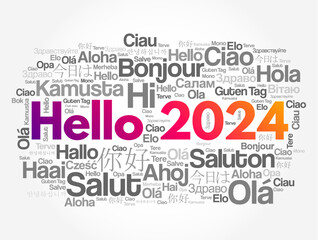 Hello 2024 word cloud in different languages of the world, concept background