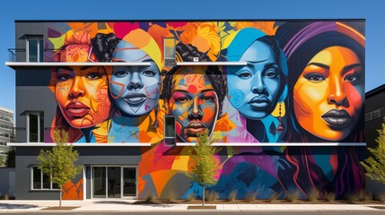 A vibrant mural of diverse faces on a city building, promoting unity and acceptance.