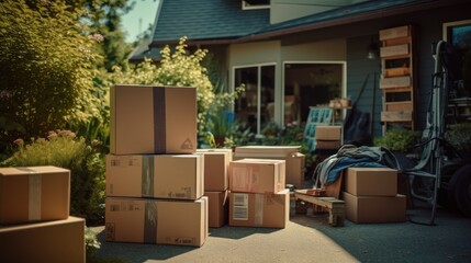 On moving day, cardboard boxes and household belongings are strewn across the yard.