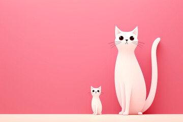 Illustration of two white cats, mom and kitten. White and pink, cartoon. Copy space, Meow.