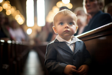 portrait of a little boy in suit in catholic church at mass.