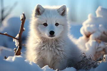 Arctic fox in snowy tundra. Arctic animals in natural habitat. wildlife animals - obrazy, fototapety, plakaty