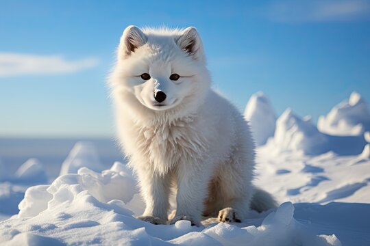 Arctic fox in snowy tundra. Arctic animals in natural habitat. wildlife animals