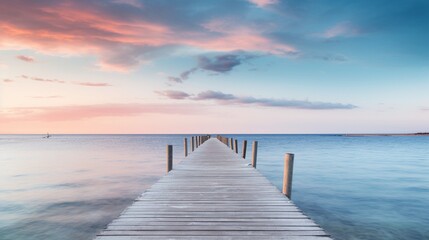 A wooden pier stretching out into the calm waters of a serene beach.