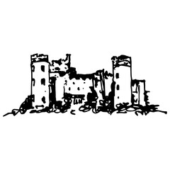 Malachide castle in Ireland. Historical Irish medieval architectural monument. Hand drawn linear doodle rough sketch. Black silhouette on white background.