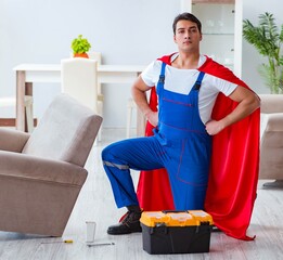 Super hero repairman working at home