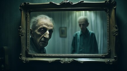 An elderly person's reflection in a mirror, highlighting the loneliness faced by seniors.