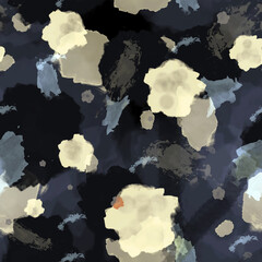 Fototapeta premium Watercolor yellow and gray spots on a dark background. Abstract seamless watercolor texture. Illustration.