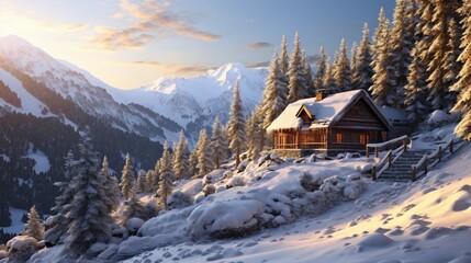 An idyllic snow-covered alpine cabin surrounded by dense forest.