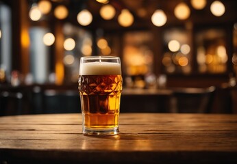 Fototapeta na wymiar Empty wooden table with glass of beer in the bar background