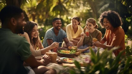 Fototapeta na wymiar Capture a diverse group of people enjoying a picnic in a lush park, sharing food and laughter.