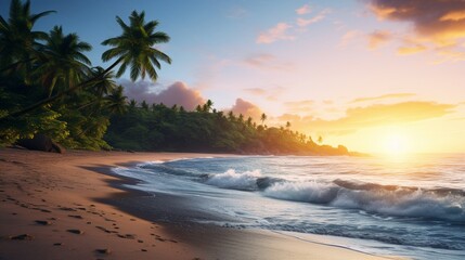 Capture the tranquil beauty of a secluded beach at sunrise. - Powered by Adobe