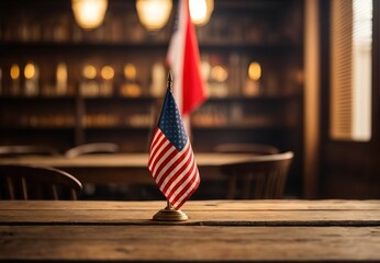 Empty wooden table with usa flag in background