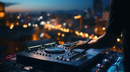 Capturing the intricate movements of a DJ's hands as they skillfully produce music on a turntable, set against a cityscape.