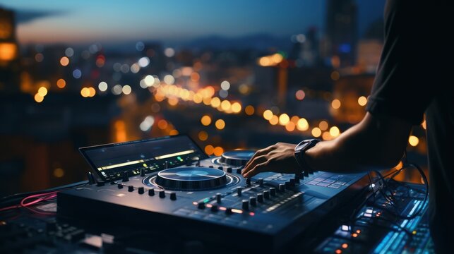 Capturing the intricate movements of a DJ's hands as they skillfully produce music on a turntable, set against a cityscape.