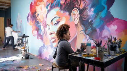 Create an image of an inclusive art studio where artists with diverse abilities collaborate on a vibrant mural. - obrazy, fototapety, plakaty