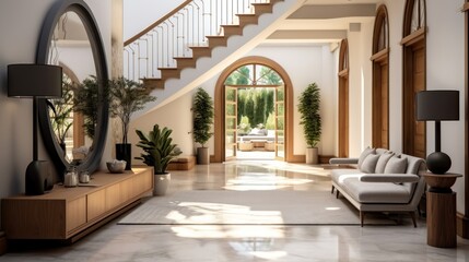 Entrance Hall or Hallway of Luxury Rich House. Interior Design. Wooden staircase and stone cladding wall in rustic hallway. Cozy home interior design of modern entrance hall with door.