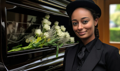 portrait of Funeral Attendant, who Perform variety of tasks during funeral, such as placing casket in parlor or chapel prior to service; arranging floral offerings or lights around casket;
