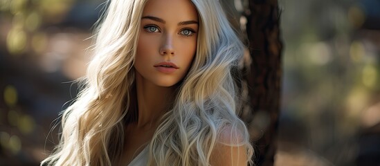 Naklejka premium In a serene forest, a young girl with long, flowing white hair gazes into the distance, her captivating eyes shining with a creative spark. The portrait captures the beauty of her makeup, enhancing