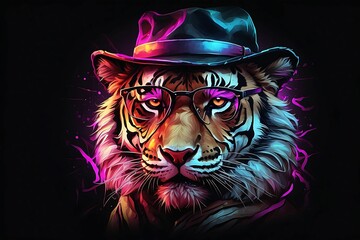 Tiger in a hat and glasses on a dark background. Vector illustration, tiger illustration, tiger vector art, tiger art vector design, tiger vector design, lion vector art, tiger cartoon, tiger back