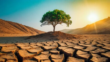 A solitary tree thrives amidst the arid soil, representing the impact of global warming and the changing climate  - obrazy, fototapety, plakaty