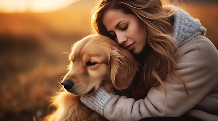 woman and golden retriever, cinematic light, copy space, 16:9