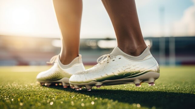 Detailed close-up of a soccer player's feet positioned on the well-manicured green turf of the stadium.