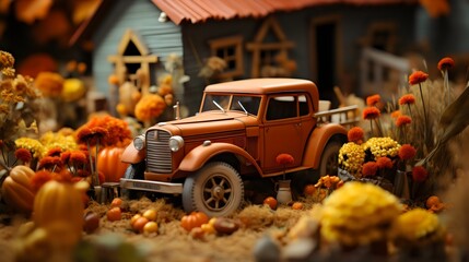 Vintage Pickup Truck Amidst Autumn Harvest Display