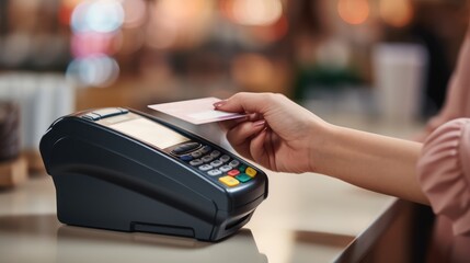 close-up view highlights the hands of a female, managing a credit card transaction on a payment terminal.