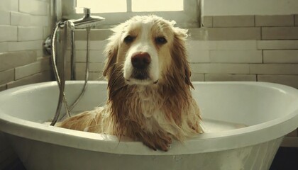 Long-haired dog bathing in the bathtub. Washing dogs at home